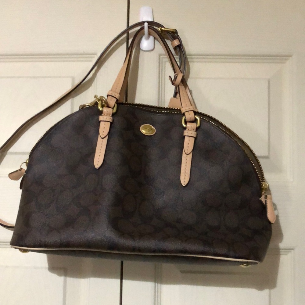 Coach Peyton domed satchel handbag Black/Khaki with crossbody strap gold tone